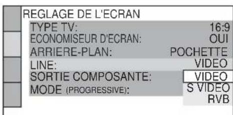 REGLAGE DE L'ECRAN TYPE TV: 16:9 ECONOMISEUR D'ECRAN: OUI ARRIERE-PLAN: POCHETTE LINE: VIDEO SORTIE COMPOSANTE: VIDEO MODE (PROGRESSIVE): S VIDEO RVB