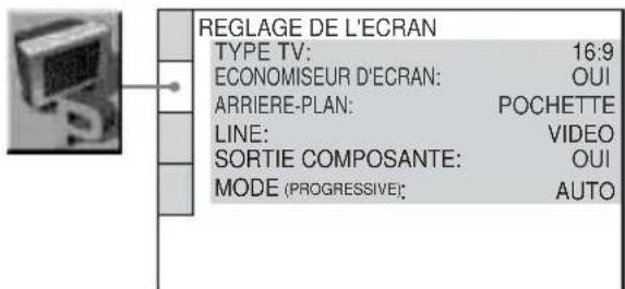 REGLAGE DE L'ECRAN TYPE TV: 16:9 ECONOMISEUR D'ECRAN: OUI ARRIERE-PLAN: POCHETTE LINE: VIDEO SORTIE COMPOSANTE: OUI MODE (PROGRESSIVE): AUTO