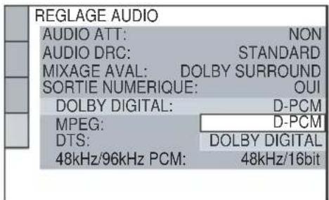 REGLAGE AUDIO AUDIO ATT: NON AUDIO DRC: STANDARD MIXAGE AVAL: DOLBY SURROUND SORTIE NUMERIQUE: QUI DOLBY DIGITAL: D-PCM MPEG: D-PCM DTS: DOLBY DIGITAL 48kHz/96kHz PCM: 48kHz/16bit