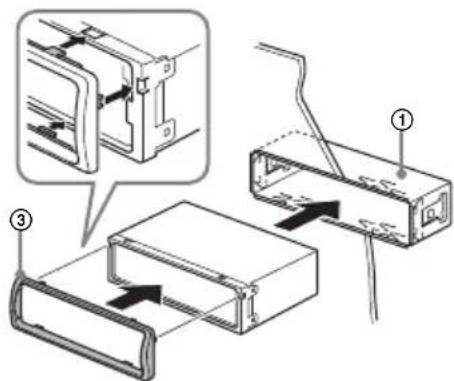 Technical diagram showing assembly steps of a device with labeled components and directional arrows indicating movement.