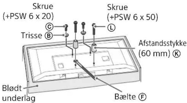 Skrue (+PSW 6 x 20) Trisse B Skrue (+PSW 6 x 50) L Afstandsstylkke (60 mm) K Blødt underlag Bælte F