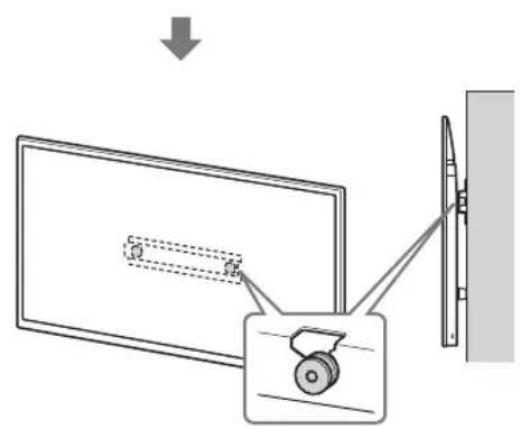 Diagram showing a monitor with a slide and a wheel, connected to a wall-mounted device, with an arrow indicating direction of motion.