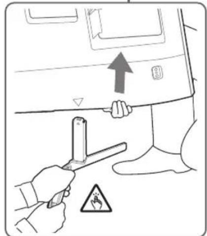 Diagram showing hand operating a device with warning symbol and upward arrow, indicating safety or hazard.