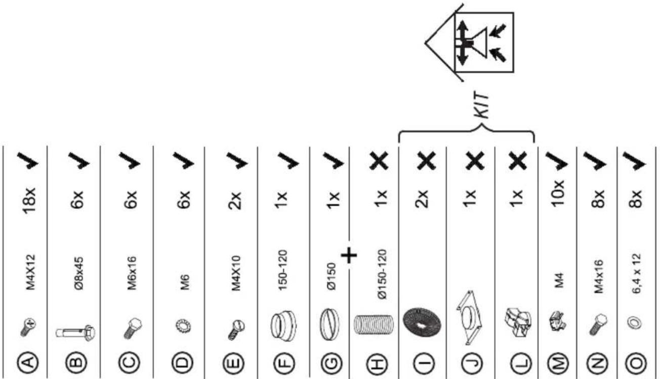 A M4X12 18x ✓ B Ø8x45 6x ✓ C M6x16 6x ✓ D M6 6x ✓ E M4X10 2x ✓ F 150-120 1x ✓ G Ø150 1x ✓ H Ø150-120 1x ✗ I 2x ✗ J 1x ✗ L 1x ✗ M M4 10x ✓ N M4x16 8x ✓ O 6,4 x 12 8x ✓ KIT