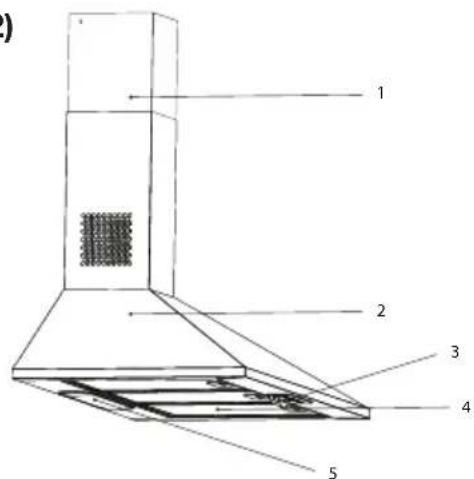 Technical diagram of a kitchen chimney with numbered components labeled 1 through 5