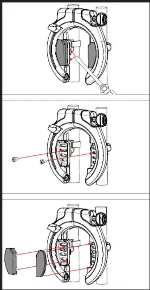 Technical diagram showing three mechanical assembly views with labeled components and red alignment lines indicating alignment or movement.