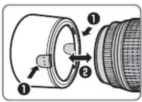 NIKON Nikkor AFS DX 55300mm f4.55.6G ED VR - Bevestigen en verwijderen van de zonnekap - 1