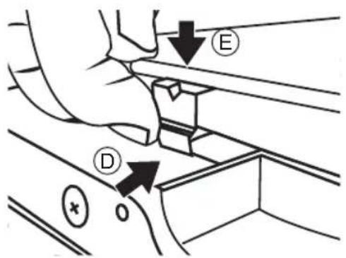 Technical diagram showing mechanical assembly with labeled components E, D, and a cross symbol