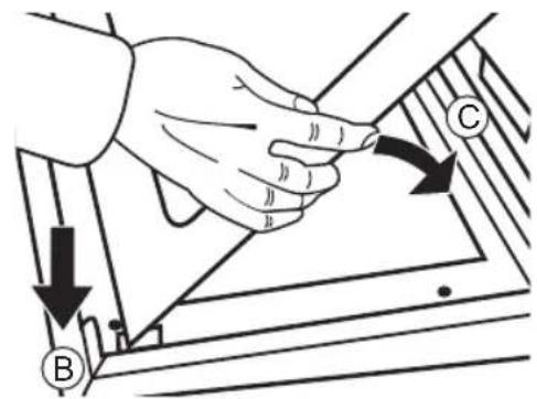 Diagram showing a hand holding a tool with labeled parts B and C, indicating a process or operation.
