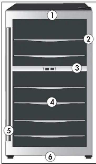 Diagram of a refrigerator with numbered parts labeled 1 through 6 for identification.