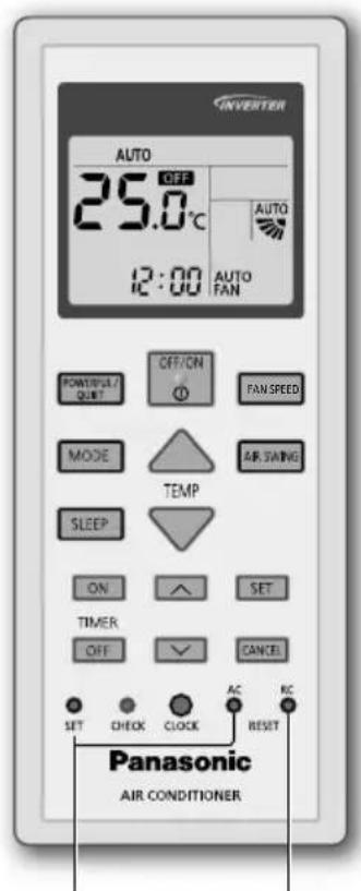 INVERTER AUTO 25.0°C 12:00 AUTO FAN POWER/UL/ QUIT OFF/ON FAN SPEED MODE AIR SAVING SLEEP TEMP ON SET TIMER OFF CANCEL SET CHECK CLOCK AC RC RESET Panasonic AIR CONDITIONER