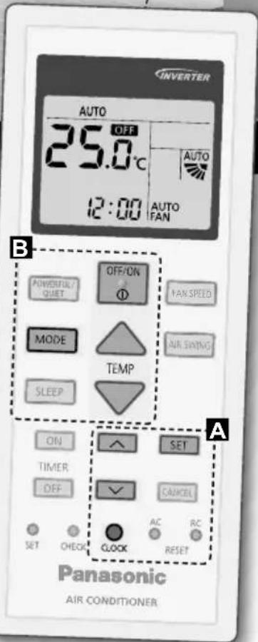 INVERTER AUTO 25.0°C 12:00 AUTO FAN B POWERFUL/QUET OFF/ON ① FAN SPEED MODE TEMP SLEEP AIR SWING ON SET TIMER OFF CAUCEL SET CHECK CLOCK RESET A Panasonic AIR CONDITIONER