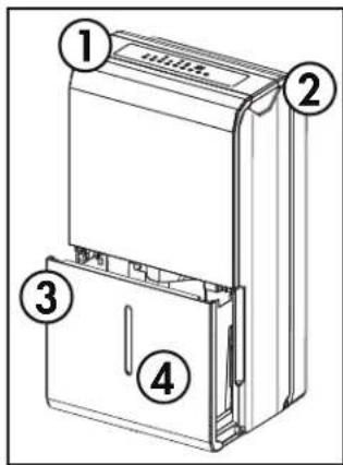 Technical diagram of a refrigerator with numbered parts labeled 1 to 4