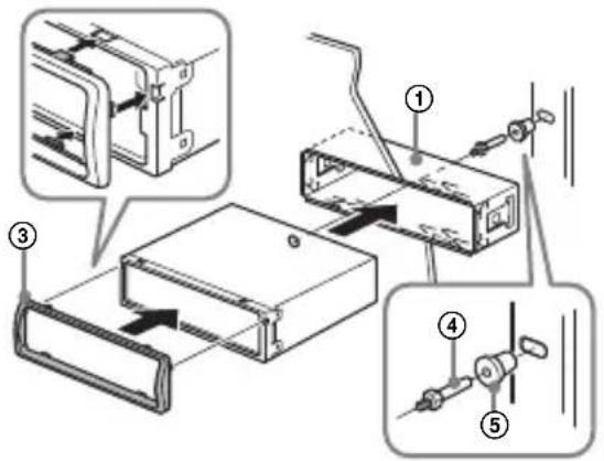 Technical diagram showing exploded view of a device with labeled components and directional arrows indicating assembly or installation steps.