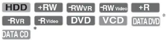 HDD +RW -RWVR -RW Video +R -RVR -R Video DVD VCD DATA DVD * DATA CD *