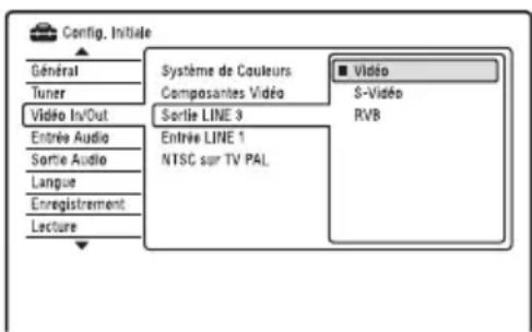 Config. Initiale Général Tuner Vidéo In/Out Entrée Audio Sortie Audio Langue Enregistrement Lecture Système de Couleurs Composantes Vidéo Sortie LINE 3 Entrée LINE 1 NTSC sur TV PAL ■ Vidéo S-Video RVB