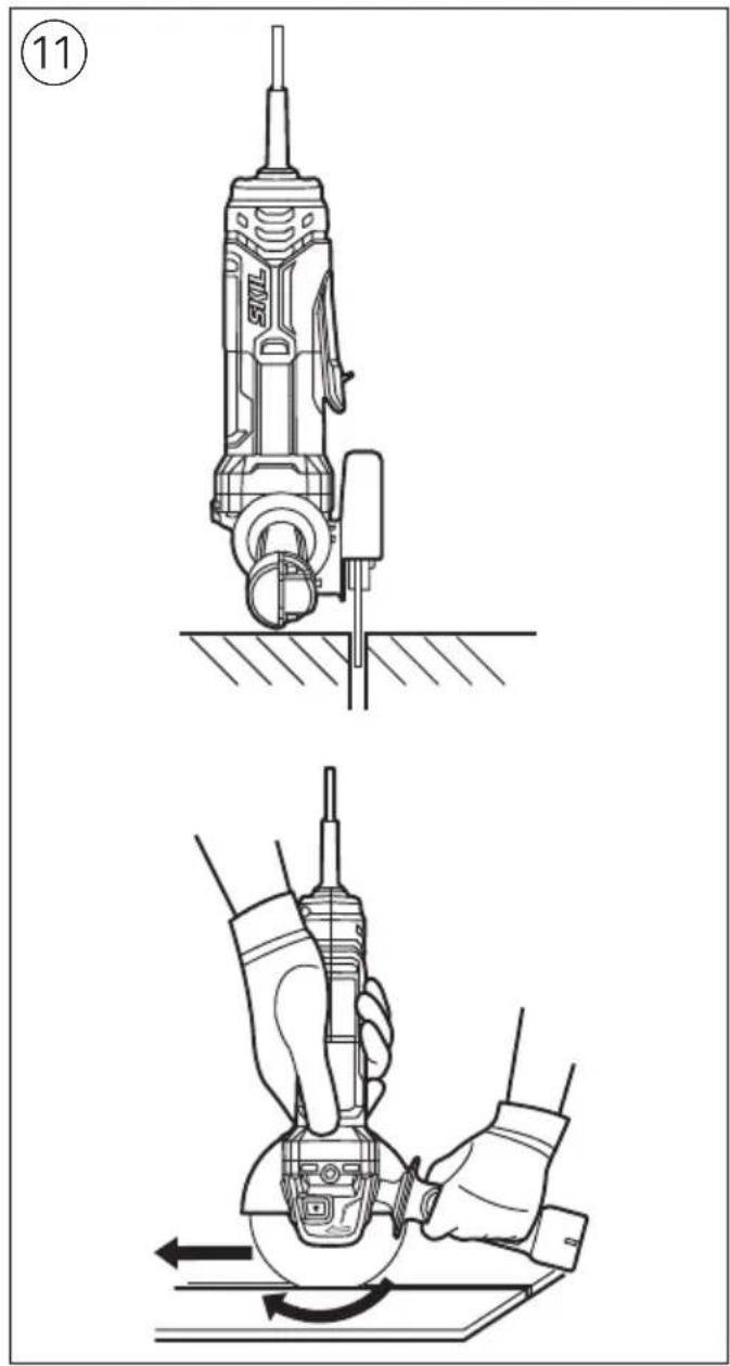 Technical diagram showing two steps of a sewing machine tool, with labeled parts and directional arrows indicating motion.