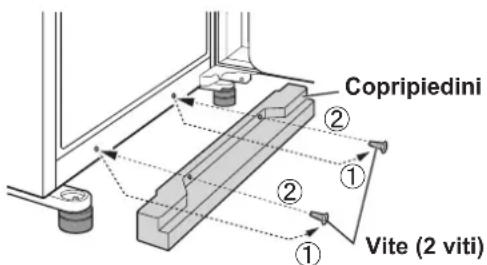 SHARP SJXE680MBK - Rimuovere le 2 viti della parte inferiore dell'involucro e utilizzare queste due viti per fissare il copripiedino. (Il copripiedino, confezionato, si trova all'interno dello scomparto frigorifero.) - 1
