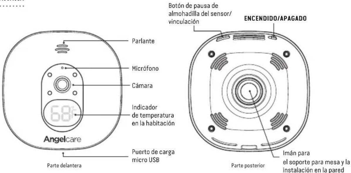 Angelcare Parte delantera Parlante Micrófono Cámara 68° Indicador de temperatura en la habitación Puerto de carga micro USB Botón de pausa de almohadilla del sensor/ vinculación ENCENDIDO/APAGADO Parte posterior Imán para el soporte para mesa y la instalación en la pared