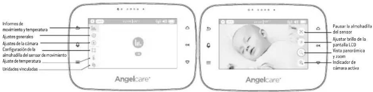 Informes de movimiento y temperatura Ajustes generales Ajustes de la cámara Configuración de la almohadilla del sensor de movimiento Ajuste de temperatura Unidades vinculadas Angelcare* Pausar la almohadilla del sensor Ajustar brillo de la pantalla LCD Vista panorámica y zoom Indicador de cámara act…