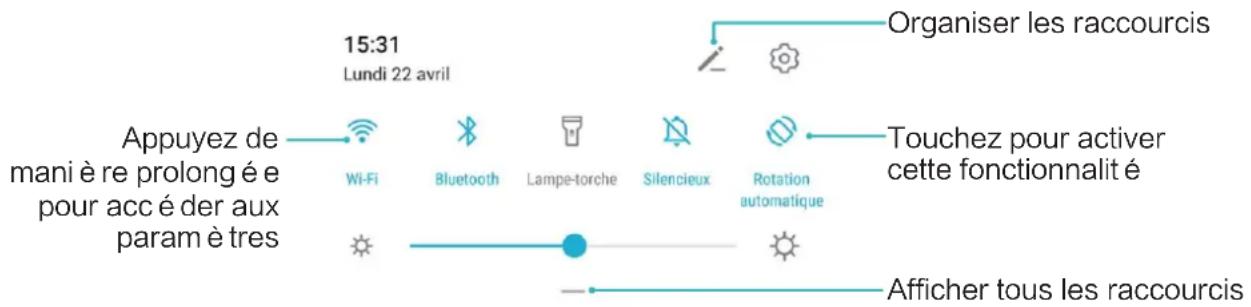 HUAWEI P smart Pro - Utiliser les options de raccourci pour activer ou désactiver rapidement les fonctions fréquemment utilisées - 1