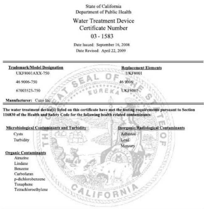 WHIRLPOOL WRX735SDHW - WATER FILTER CERTIFICATIONS - 1