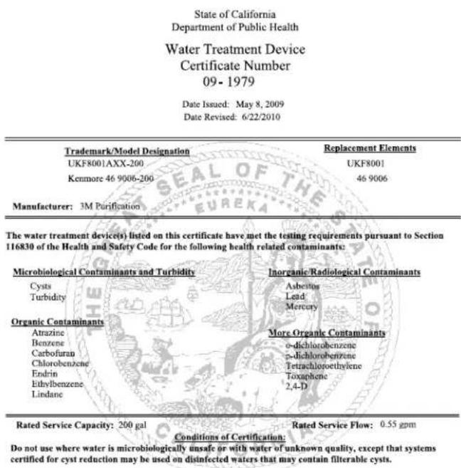 WHIRLPOOL WRX735SDHW - WATER FILTER CERTIFICATIONS - 2