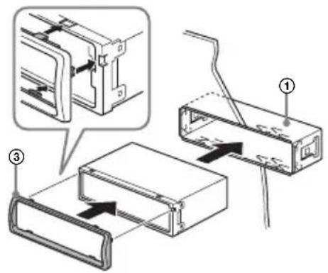 Technical diagram showing assembly steps of a device with labeled components and directional arrows indicating movement.