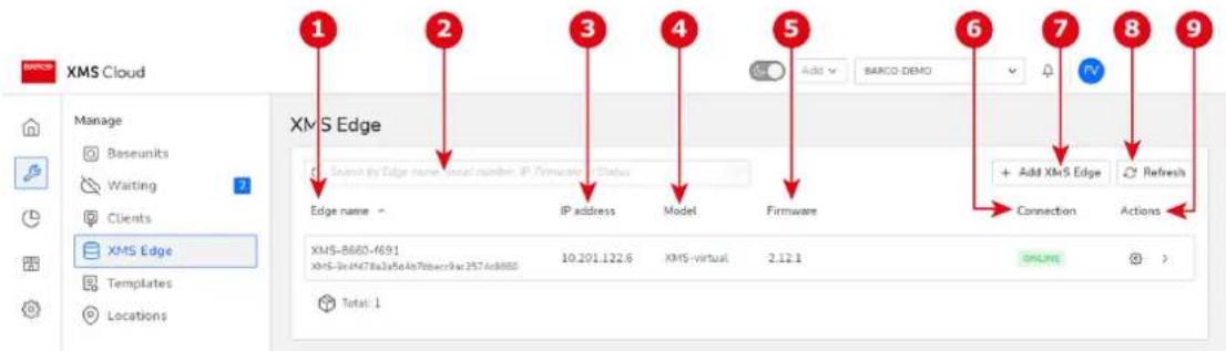 BASCO XMS Cloud Manage Basenunits Waiting Clients XMS Edge Templates Locations 1 2 3 4 5 Add ▼ BARCO-DEMO 6 7 8 9 XMS Edge Select by Edge name: Local number IP Firmware Status Edge name → IP address Model Firmware + Add XMS Edge Refresh Connection Actions XMS-B860-4691 10.201.122.6 XMS-virtual 2.12.1 Total: 1