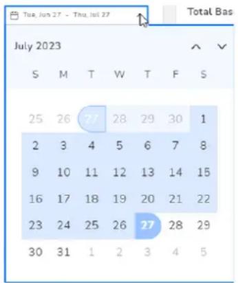 Tue, Jun 27 - Thu, Jul 27 Total Bas July 2023 S M T W T F S 25 26 77 28 29 30 1 2 3 4 5 6 7 8 9 10 11 12 13 14 15 16 17 18 19 20 21 22 23 24 25 26 27 28 29 30 31 1 2 3 4 5