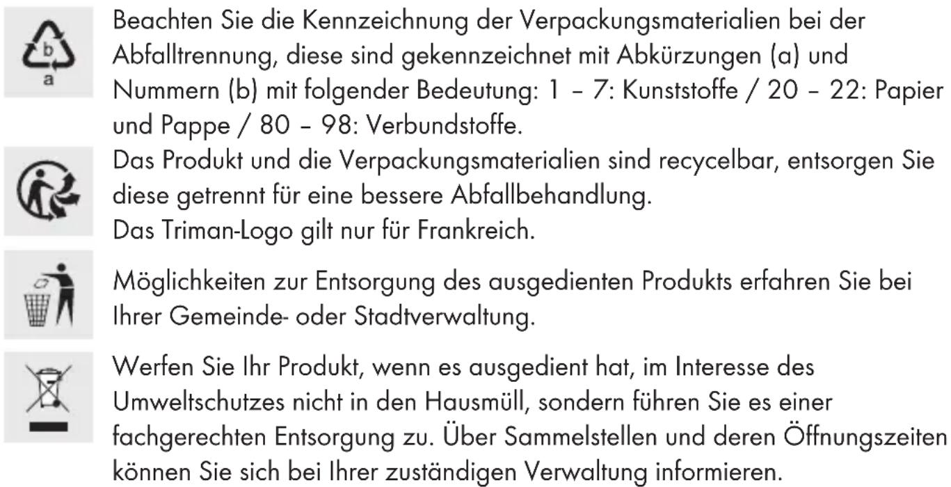 Beachten Sie die Kennzeichnung der Verpackungsmaterialien bei der Abfalltrennung, diese sind gekennzeichnet mit Abkürzungen (a) und Nummern (b) mit folgender Bedeutung: 1 - 7: Kunststoffe / 20 - 22: Papier und Pappe / 80 - 98: Verbundstoffe. Das Produkt und die Verpackungsmaterialien sind recycelbar, entsorgen Sie diese getrennt für eine bessere Abfallbehandlung. Das Triman-Logo gilt nur für Frankreich. Möglichkeiten zur Entsorgung des ausgedienten Produkts erfahren Sie bei Ihrer Gemeinde- oder Stadtverwaltung. Werfen Sie Ihr Produkt, wenn es ausgedient hat, im Interesse des Umweltschutzes nicht in den Hausmüll, sondern führen Sie es einer fachgerechten Entsorgung zu. Über Sammelstellen und deren Öffnungszeiten können Sie sich bei Ihrer zuständigen Verwaltung informieren.