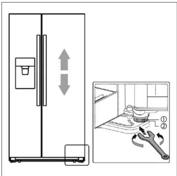 Diagram showing refrigerator door and kitchen appliance with labeled parts and directional arrows indicating movement or assembly.