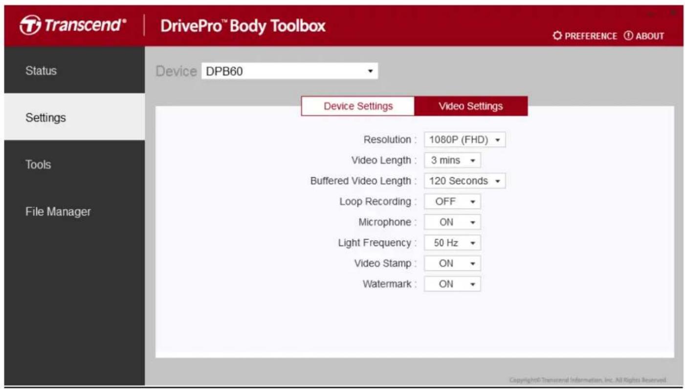 TRANSCEND DrivePro Body 60 - Paramètres de l'appareil - 1