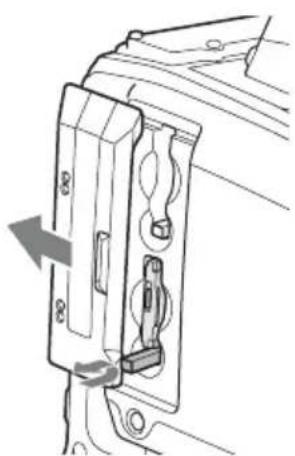 SONY PMW320K - Ouvrez le cache, puis appuyez sur la touche EJECT pour déverrouiller et tirez la touche vers l'extérieur. - 1