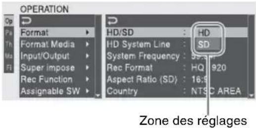 SONY PMW350L - OPERATION
Format
Format Media
Input/Output
Super impose
Rec Function
Assignable SW
HD/SD : HD
HD System Line : 1080
System Frequency : 59.94i
Rec Format : HQ 1920
Aspect Ratio (SD) : 16:9
Country : NTSC AREA
Zone des sous-éléments


Affiche les sous-éléments et leurs réglages actuels   
Pour revenir au niveau précédent, sélectionnez , appuyez sur la touche  , ou poussez le commutateur MENU CANCEL/PRST/ESCAPE vers le côté ESCAPE.

4 Tournez le bouton MENU ou appuyez sur la touche ↑ ou ↓ pour placer le curseur sur le sous-élément que vous souhaitez régler, puis confirmez la sélection en appuyant sur le bouton MENU ou la touche SET./PAUSE 18

Touches EJECT 22

Touches fléchées (⇐, ⇒, ↑, ↓) 20

Trépied, montage 48

Tuner portable UHF, mise en place 47 - 1