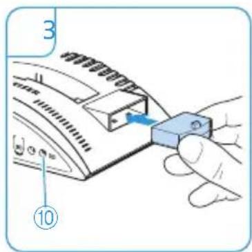 Diagram showing a hand inserting a component into a device, labeled with parts 3 and 10