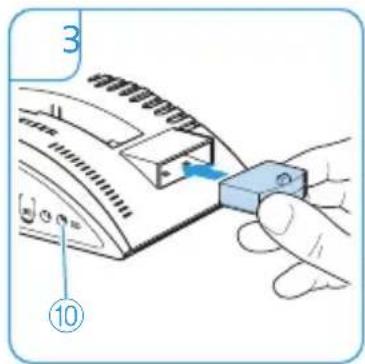 Diagram showing a hand inserting a component into a device, labeled with parts 3 and 10