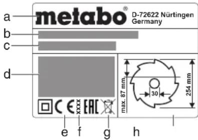METABO TS 3618 LTX BL 254 - Tiedot typpikilvella: - 1