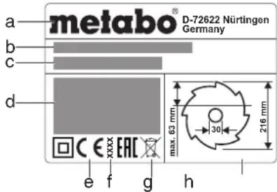 METABO TS 216 Floor - Udaje na typovém stitiku: - 1