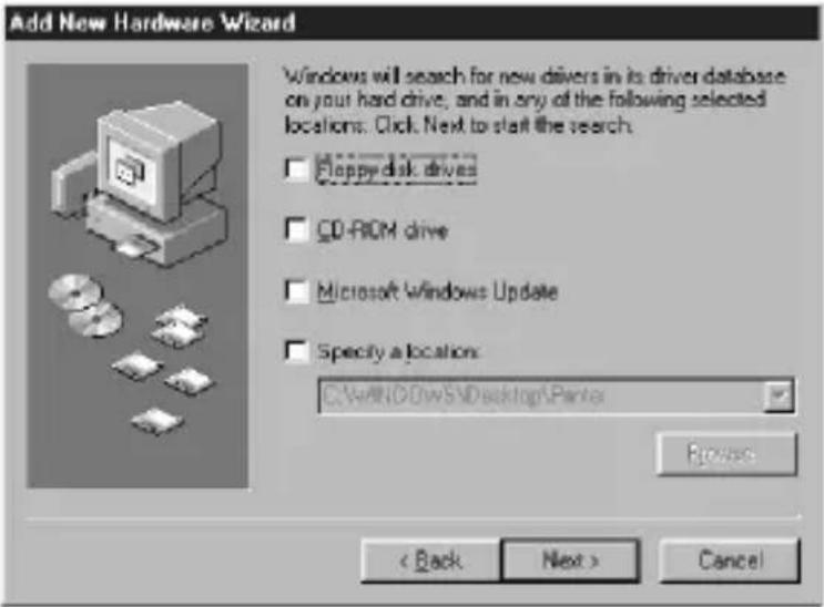 Add New Hardware Wizard Windows will search for new drivers in its driver database on your hard drive, and in any of the following selected locations. Click Next to start the search. Flappy disk drives CD-ROM drive Microsoft Windows Update Specify a location: C:\win\DDIwSMDesktop\Pants Browse < Back Next > Cancel