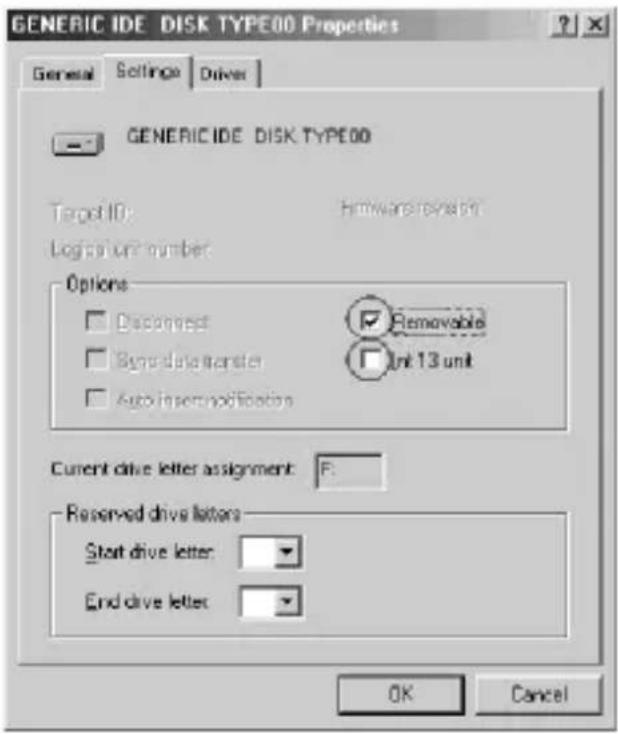 GENERIC IDE DISK TYPE00 Properties General Settings Driver GENERIC IDE DISK TYPE00 Target ID: Hardware version Logic unit number: Options □ Disconnect □ Byte data transfer □ Auto insert modification Removable Unit 13 unit Current drive letter assignment F: Reserved drive letters Start drive letter End drive letter OK Cancel