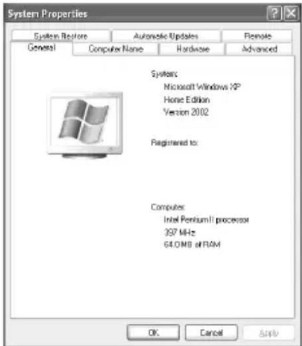 System Properties System Restore Automatic Updates Remote General Computer Name Hardware Advanced System: Microsoft Windows XP Home Edition Version 2002 Registered to: Computers: Intel Pentium II processor 397 MHz 64.0MB s/RAM OK Cancel Apply