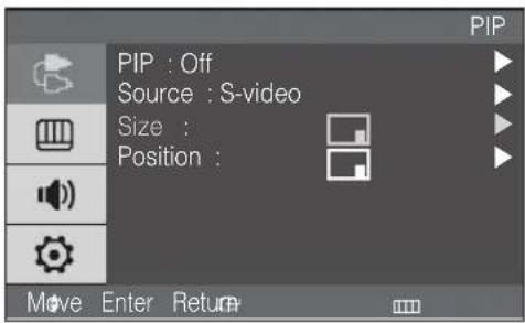 PIP : Off Source : S-video Size : Position : Move Enter Return