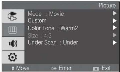 Picture Mode : Movie Custom Color Tone : Warm2 Size : 4:3 Under Scan : Under Move Enter Exit