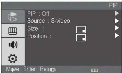 PIP : Off Source : S-video Size : Position : Move Enter Return
