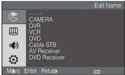 Edit Name CAMERA DVR VCR DVD Cable STB AV Receiver DVD Receiver Move Enter Return
