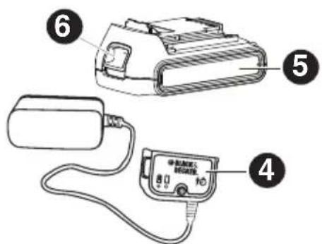 Diagram showing labeled components of a battery pack and its electrical terminal, including battery, plug, and power supply.