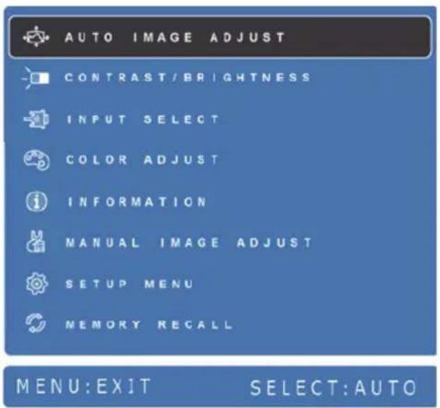 AUTO IMAGE ADJUST CONTRAST/BRIGHTNESS INPUT SELECT COLOR ADJUST INFORMATION MANUAL IMAGE ADJUST SETUP MENU MEMORY RECALL MENU:EXIT SELECT:AUTO