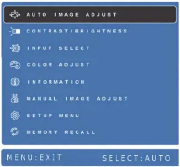 AUTO IMAGE ADJUST CONTRAST/BRIGHTNESS INPUT SELECT COLOR ADJUST INFORMATION MANUAL IMAGE ADJUST SETUP MENU MEMORY RECALL MENU:EXIT SELECT:AUTO