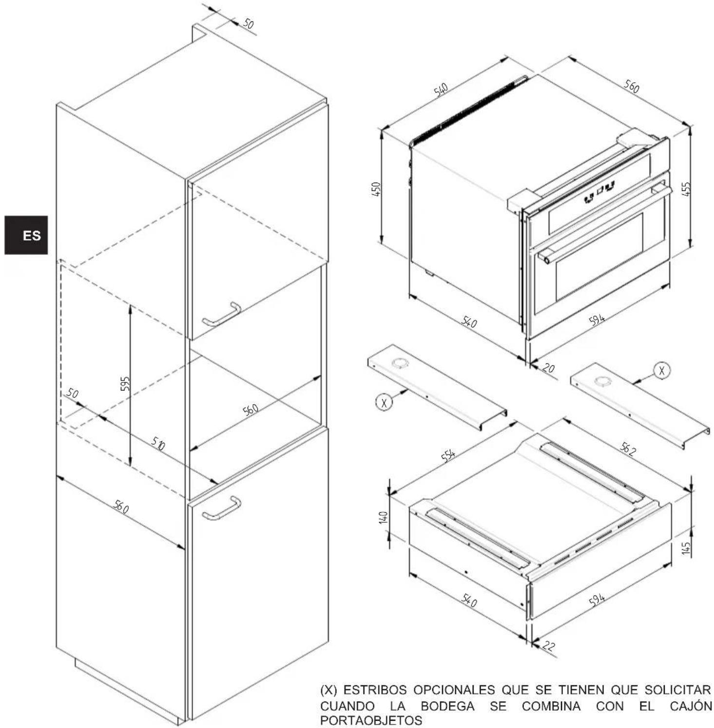 Fulgor Milano LWD 15 ME - ESQUEMA DIMENSIONAL CAJÓN 145 EMPOTRADO 560 X 595 CON BODEGA DE 455 - 1